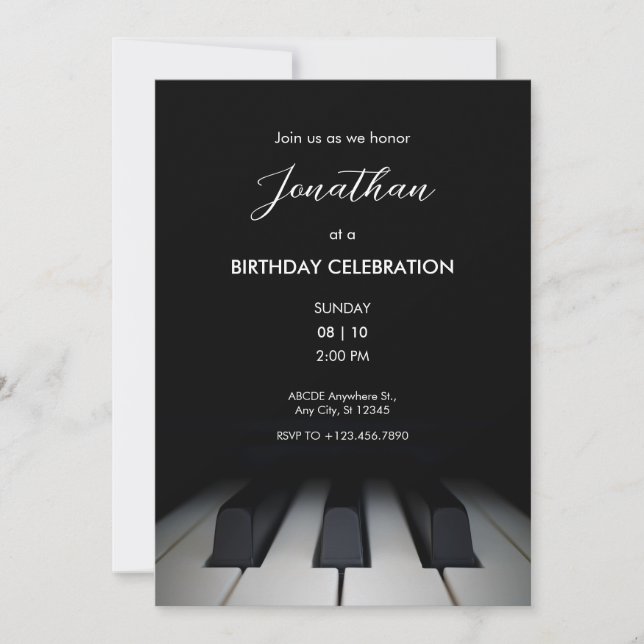 Black piano modern simple birthday  invitation (Front)