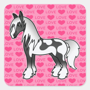 Black Piebald Cartoon Gypsy Vanner Shire Love Square Sticker