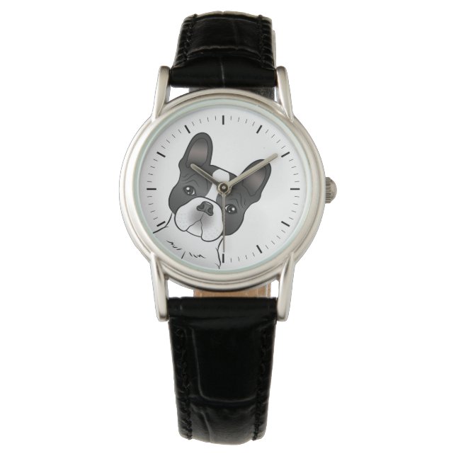 Black Piebald French Bulldog / Frenchie Cute Dog Watch (Front)