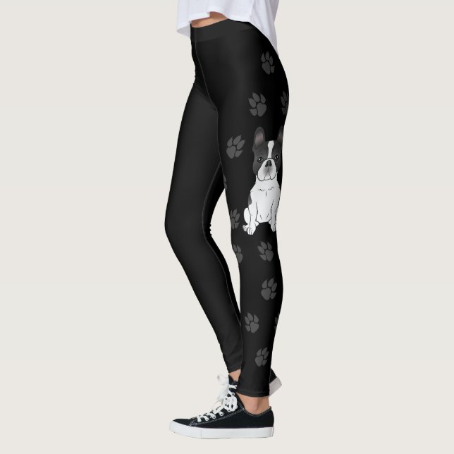 Black Piebald French Bulldog / Frenchie Dog & Paws Leggings (Left)