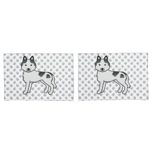 Black Piebald Siberian Husky Cartoon Dog And Paws Pillowcase