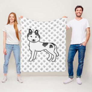 Black Piebald Siberian Husky Cartoon Dog & Paws Fleece Blanket