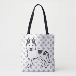 Black Piebald Siberian Husky Cartoon Dog & Paws Tote Bag