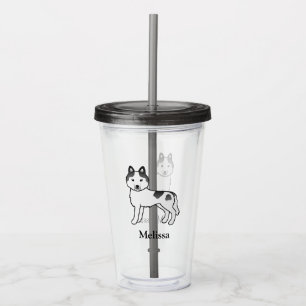 Black Piebald Siberian Husky Dog & Custom Name Acrylic Tumbler