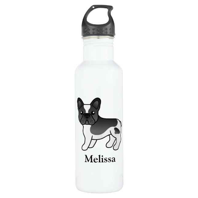 Black Pied French Bulldog Cute Cartoon Dog & Name 710 Ml Water Bottle (Front)