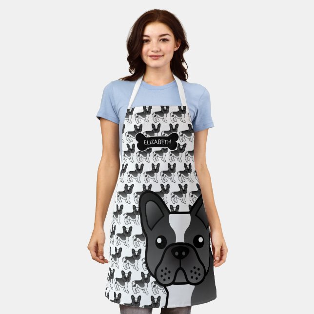 Black Pied French Bulldog Cute Cartoon Dog & Name Apron (Worn)