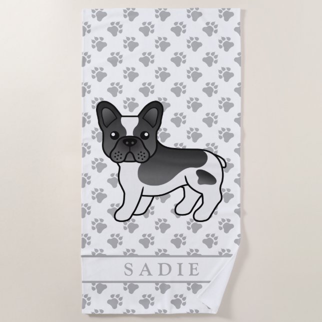 Black Pied French Bulldog Cute Cartoon Dog & Name Beach Towel (Front)