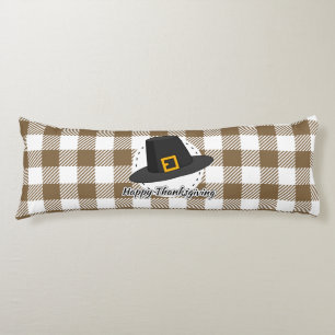 Black Pilgrim Hat on Brown Plaid - Thanksgiving Body Cushion