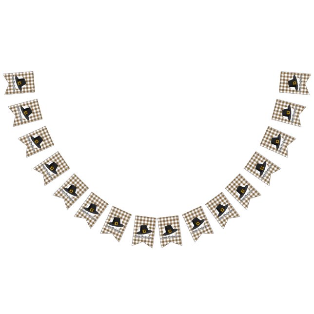 Black Pilgrim Hat on Brown Plaid - Thanksgiving Bunting (All)