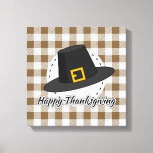 Black Pilgrim Hat on Brown Plaid - Thanksgiving Canvas Print