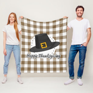 Black Pilgrim Hat on Brown Plaid - Thanksgiving Fleece Blanket