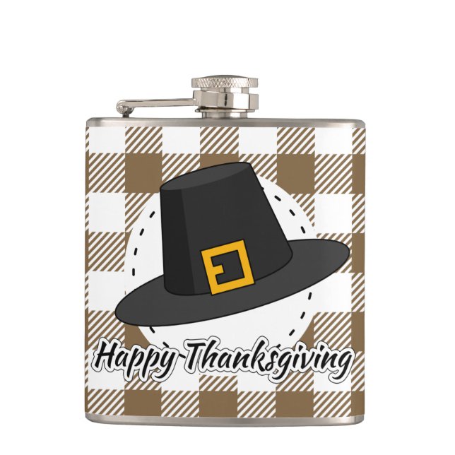 Black Pilgrim Hat on Brown Plaid - Thanksgiving Hip Flask (Front)