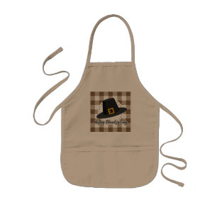 Black Pilgrim Hat on Brown Plaid - Thanksgiving Kids Apron