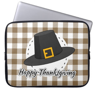 Black Pilgrim Hat on Brown Plaid - Thanksgiving Laptop Sleeve