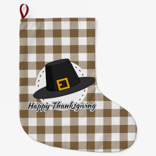 Black Pilgrim Hat on Brown Plaid - Thanksgiving Large Christmas Stocking