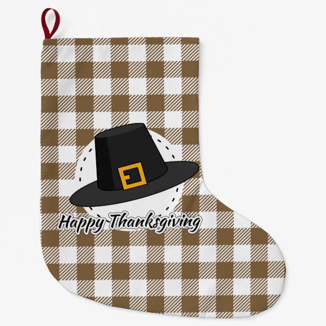 Black Pilgrim Hat on Brown Plaid - Thanksgiving Large Christmas Stocking (Front)