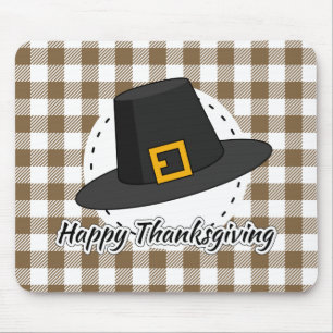 Black Pilgrim Hat on Brown Plaid - Thanksgiving Mouse Mat