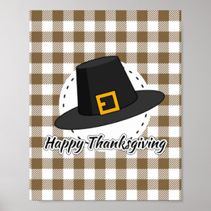 Black Pilgrim Hat on Brown Plaid - Thanksgiving Poster