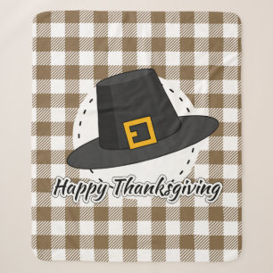 Black Pilgrim Hat on Brown Plaid - Thanksgiving Sherpa Blanket