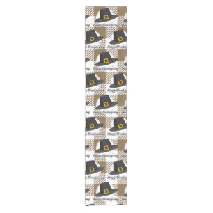 Black Pilgrim Hat on Brown Plaid - Thanksgiving Short Table Runner