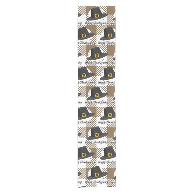 Black Pilgrim Hat on Brown Plaid - Thanksgiving Short Table Runner (Front)