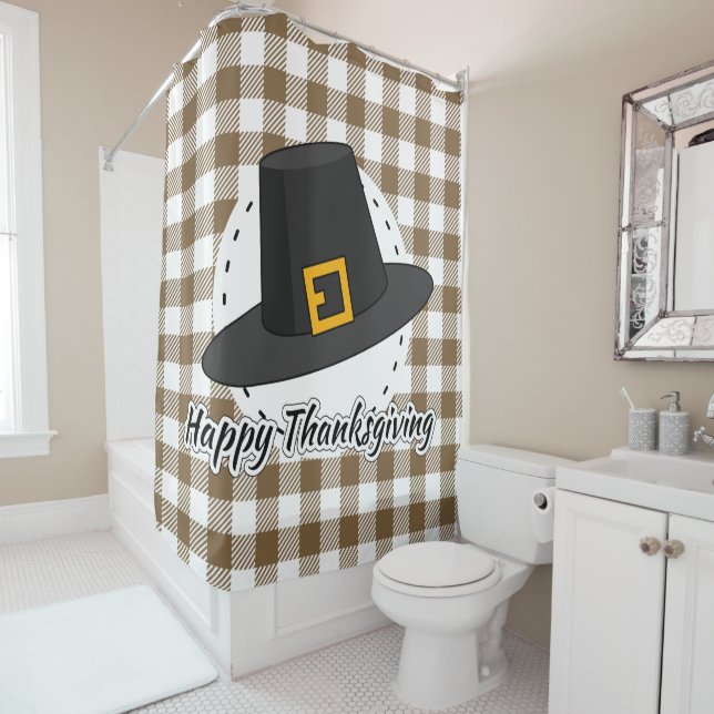 Black Pilgrim Hat on Brown Plaid - Thanksgiving Shower Curtain (In Situ)