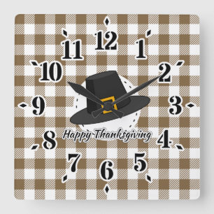 Black Pilgrim Hat on Brown Plaid - Thanksgiving Square Wall Clock