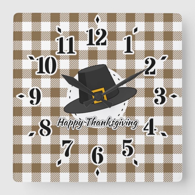Black Pilgrim Hat on Brown Plaid - Thanksgiving Square Wall Clock (Front)