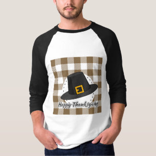 Black Pilgrim Hat on Brown Plaid - Thanksgiving T-Shirt