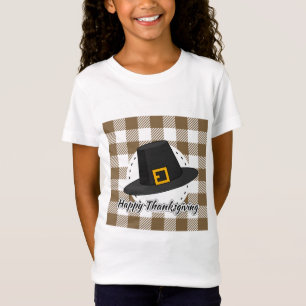 Black Pilgrim Hat on Brown Plaid - Thanksgiving T-Shirt