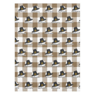 Black Pilgrim Hat on Brown Plaid - Thanksgiving Tablecloth