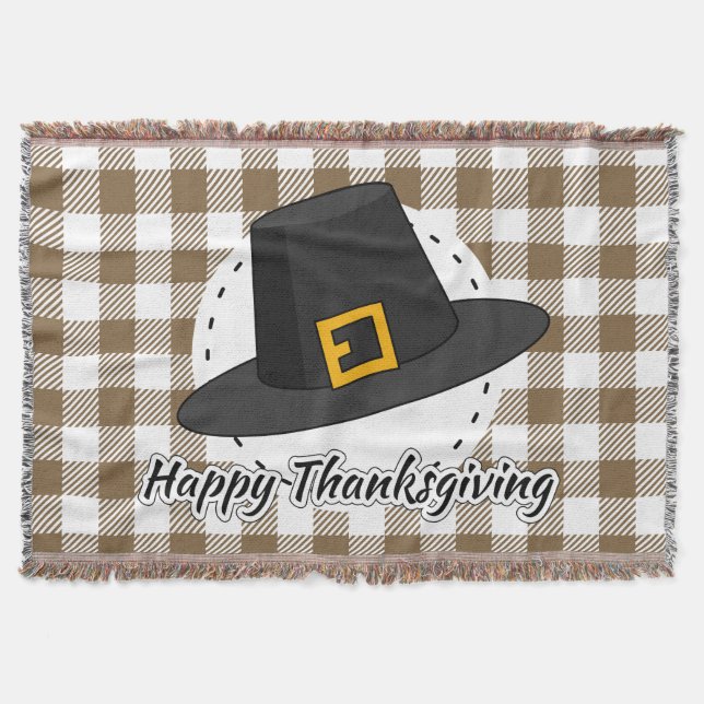 Black Pilgrim Hat on Brown Plaid - Thanksgiving Throw Blanket (Front)