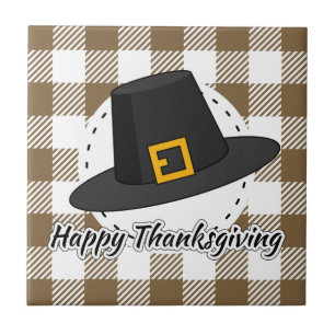 Black Pilgrim Hat on Brown Plaid - Thanksgiving Tile
