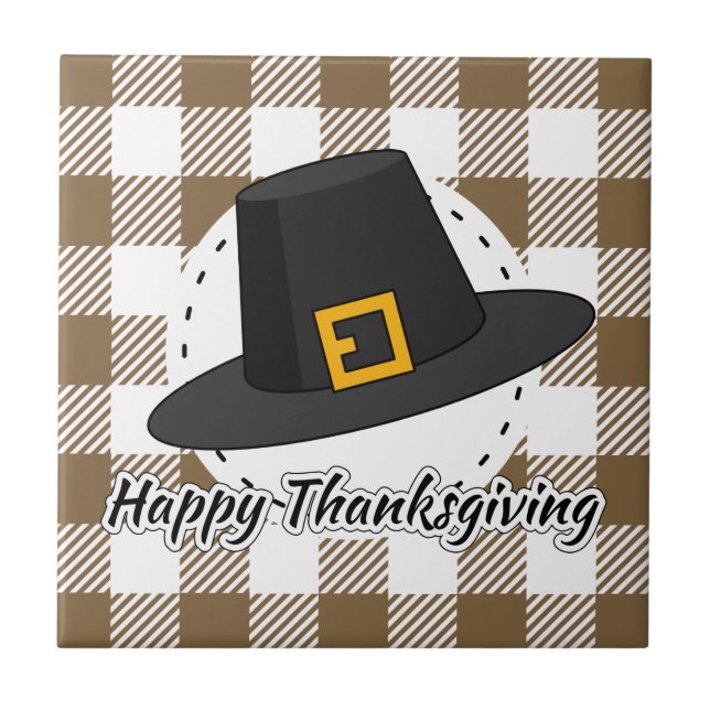 Black Pilgrim Hat on Brown Plaid - Thanksgiving Tile (Front)
