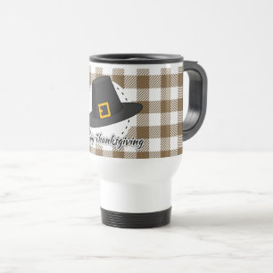 Black Pilgrim Hat on Brown Plaid - Thanksgiving Travel Mug