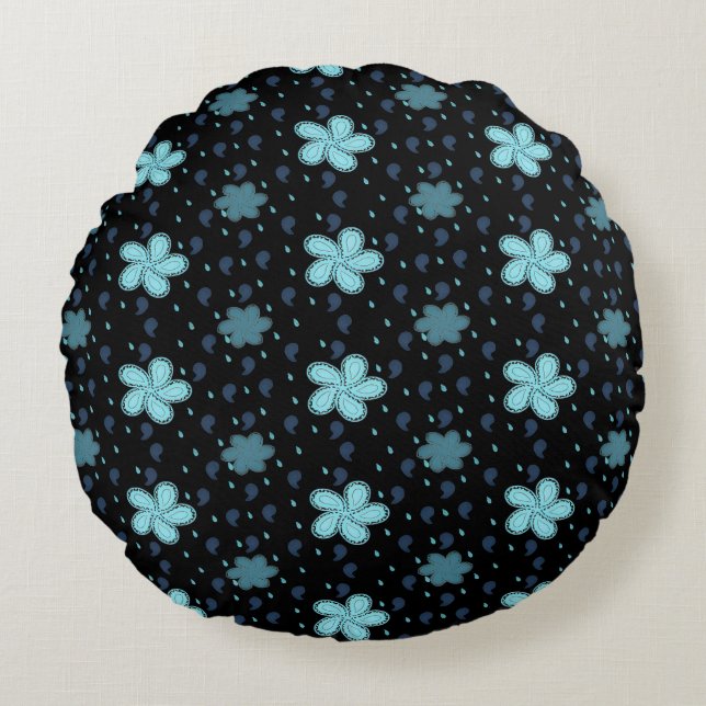 Black Pillow with Blue Paisley Floral Print (Front)
