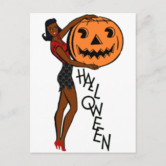 black pin up halloween postcard