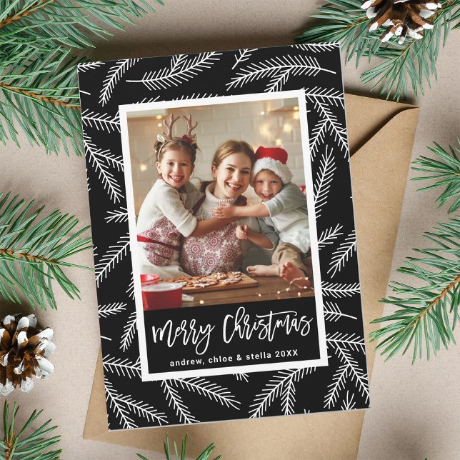 Black Pine Branch Pattern Merry Christmas Photo Holiday Card (Creator Uploaded)