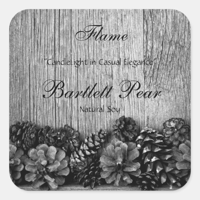 Black Pine Cones on Rustic Wood Candle Label (Front)