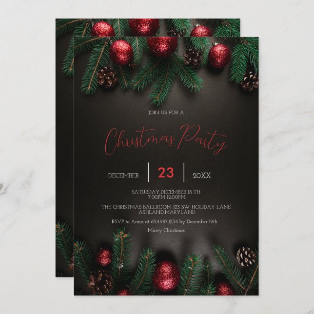 Black, Pine Tree Branch, Ornaments Invitation (Front/Back)