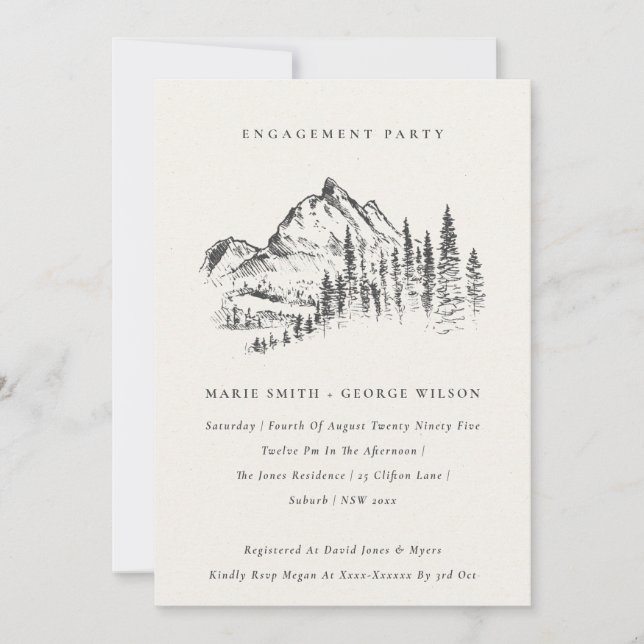 Black Pine Wood Mountain Sketch Wedding Engagement Invitation (Front)