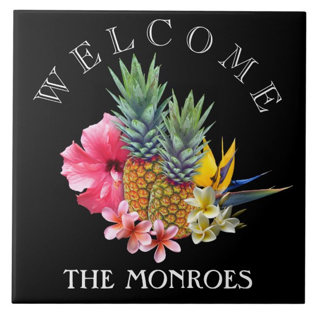 Black Pineapple Welcome Sign Family Name Tile (Front)