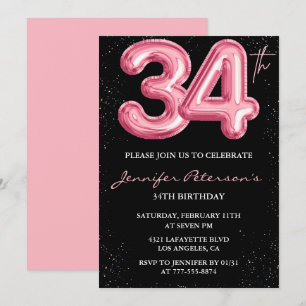 Black Pink 34th birthday invitations Balloon Glam