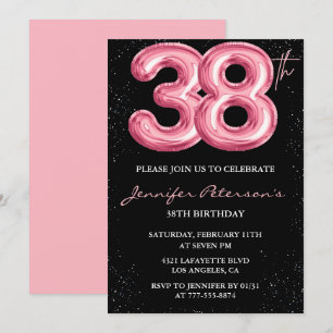 Black Pink 38th birthday invitations Balloon Glam