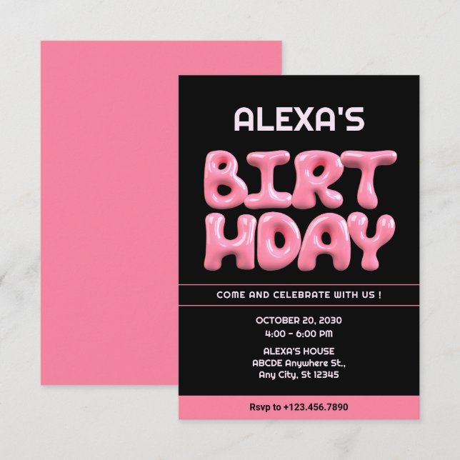 Black Pink 3d bubble gum birthday  Invitation (Front/Back)