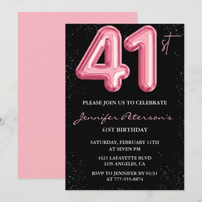 Black Pink 41st birthday invitations Balloon Glam  (Front/Back)