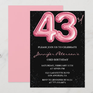 Black Pink 43rd birthday invitations Balloon Glam 