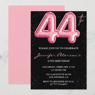 Black Pink 44th birthday invitations Balloon Glam 