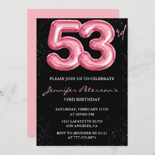 Black Pink 53rd birthday invitations Balloon Glam 
