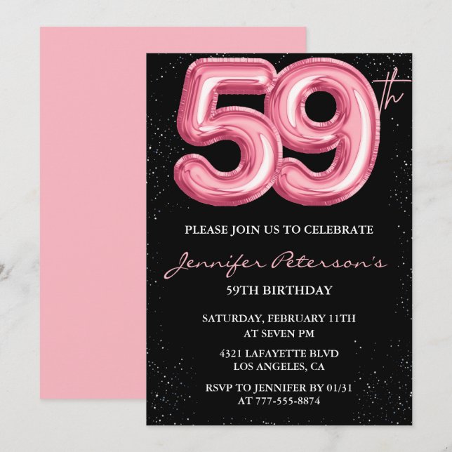 Black Pink 59th birthday invitations Balloon Glam  (Front/Back)